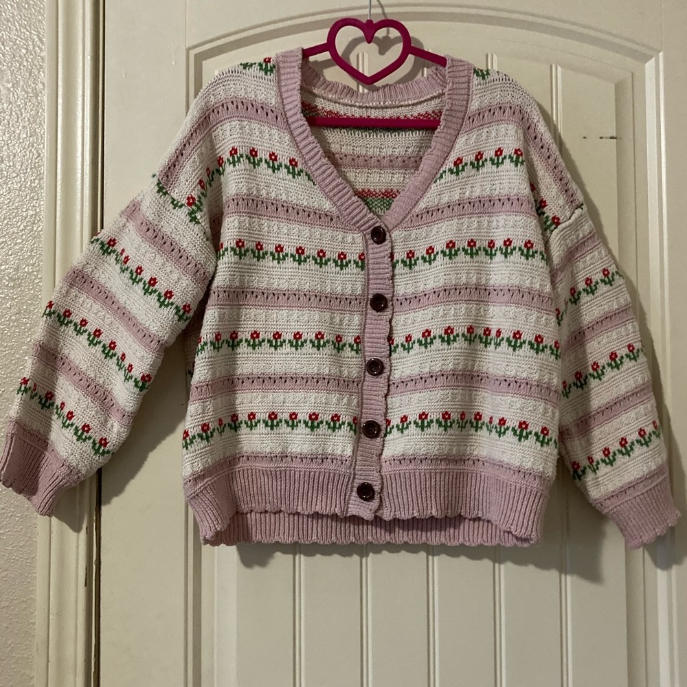 Pink knit flower button up sweater